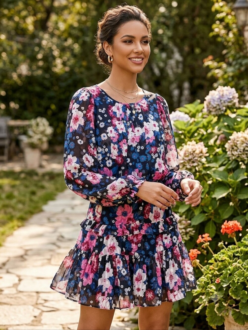 Sugar Lips Black Floral PuffSleeve Tiered Sheer Dress with Pink & Blue Blooms XS